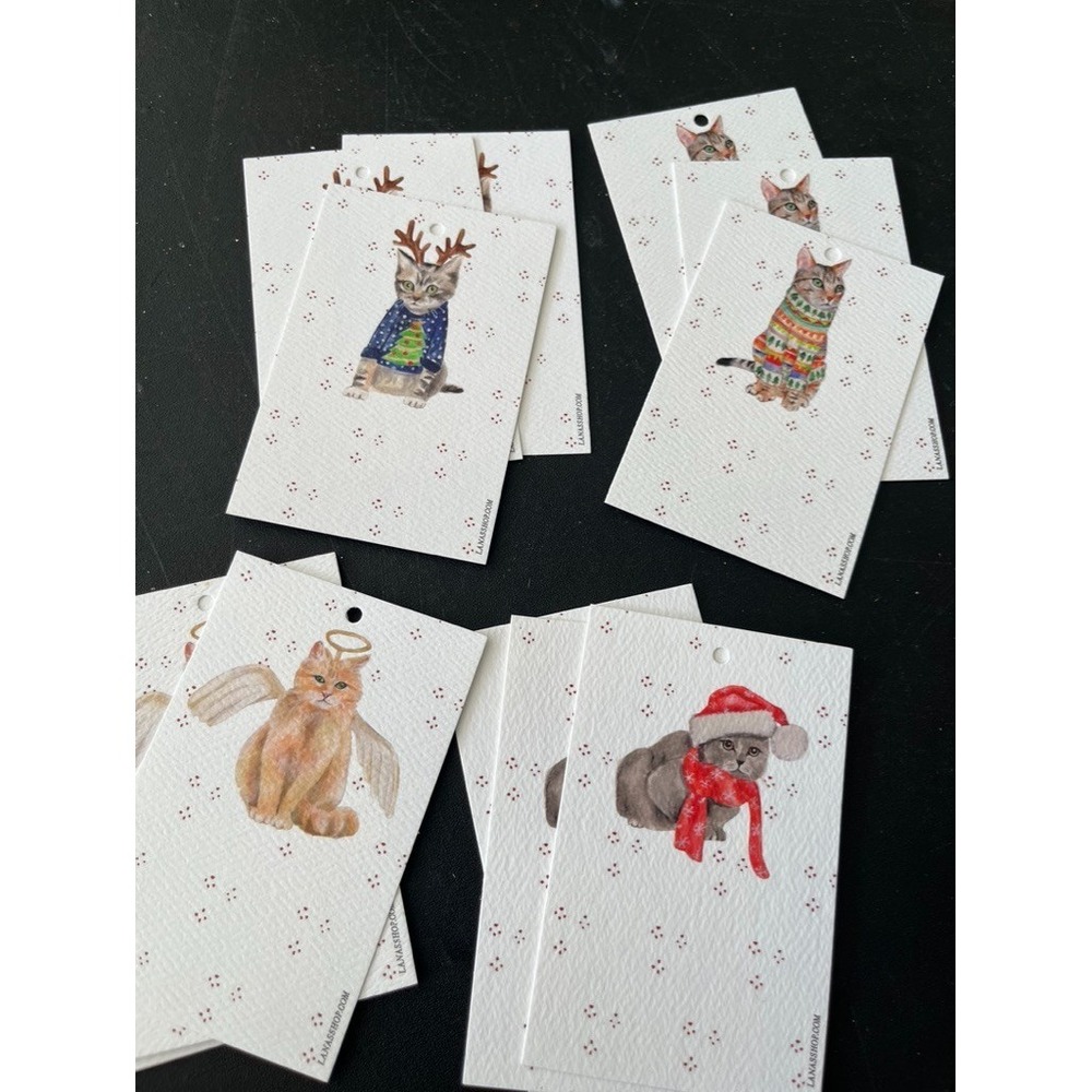 Hand Illustrated Cat Gift Tags Christmas Festive Holiday Colorful Modern Party